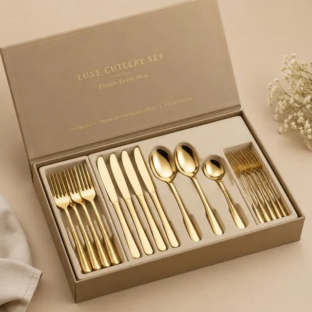Kit Talheres Dourado Luxo 24 Peças em Caixa